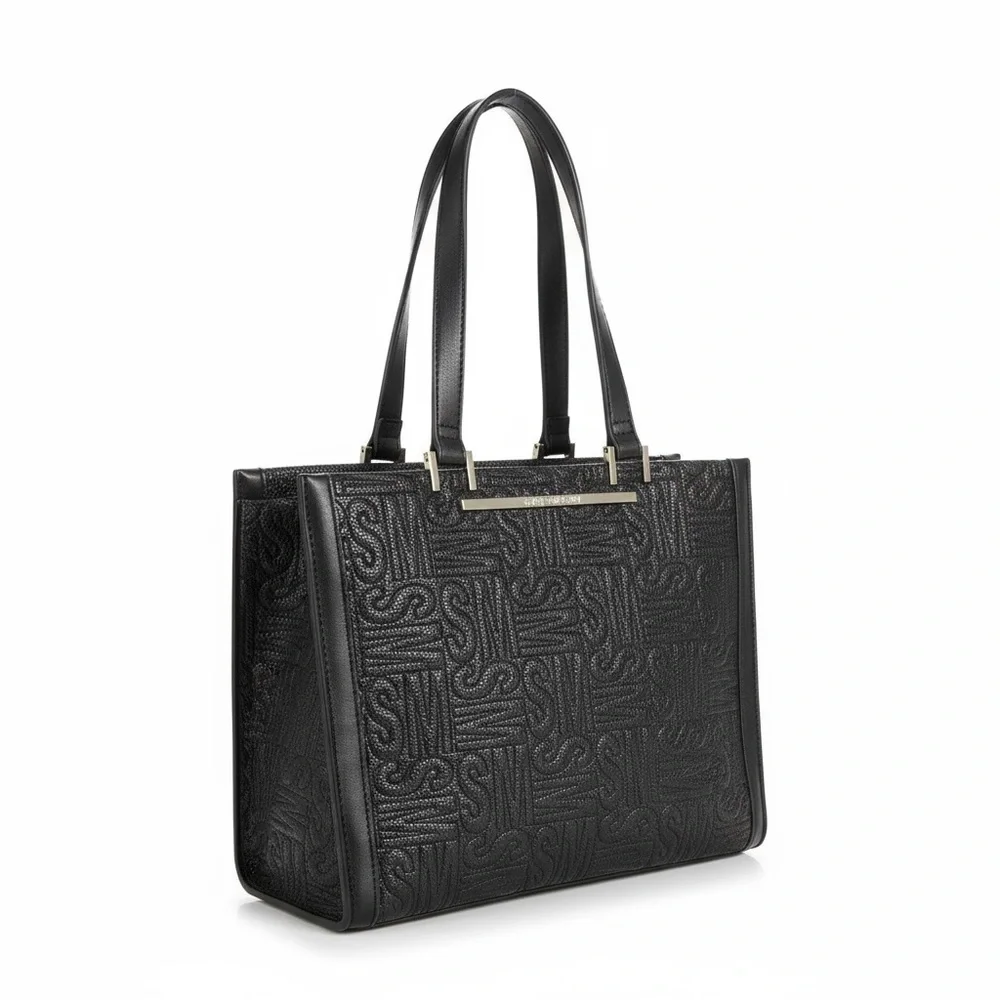 Steve Madden Purse,  Embossed SM all over print, black, gold hardware - Picture 2 of 8